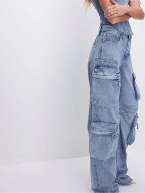 Good American Light Blue Cargo Jeans - Relaxed Utility Style